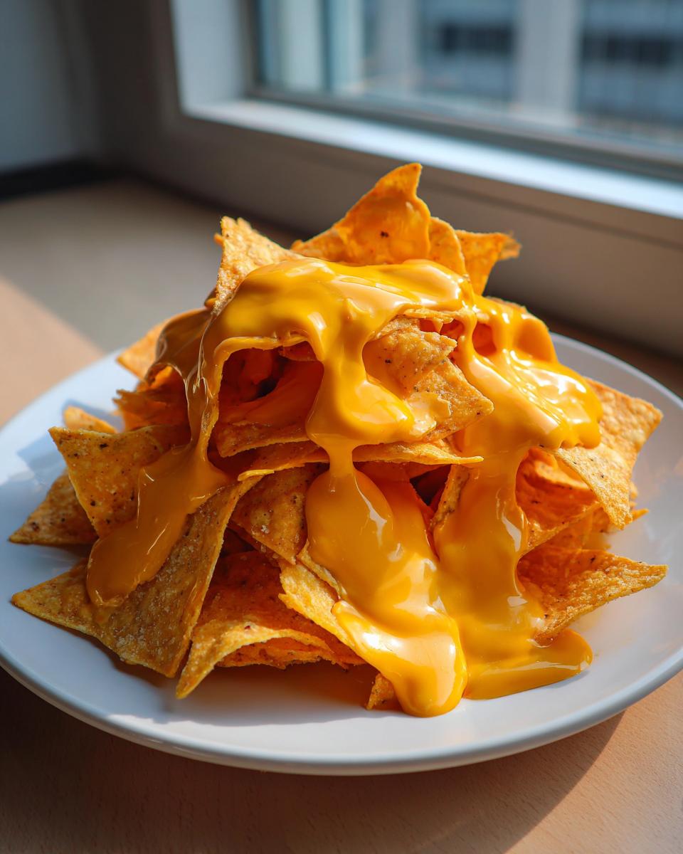 A pile of tortilla chips smothered in bright, gooey nacho cheese sauce, served on a white plate.