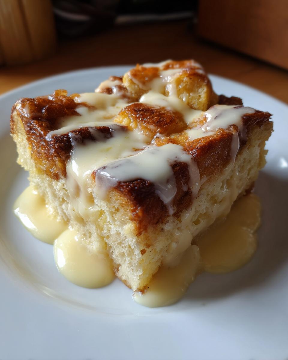 A close-up of a rich slice of bread pudding topped with a sweet vanilla cream sauce.