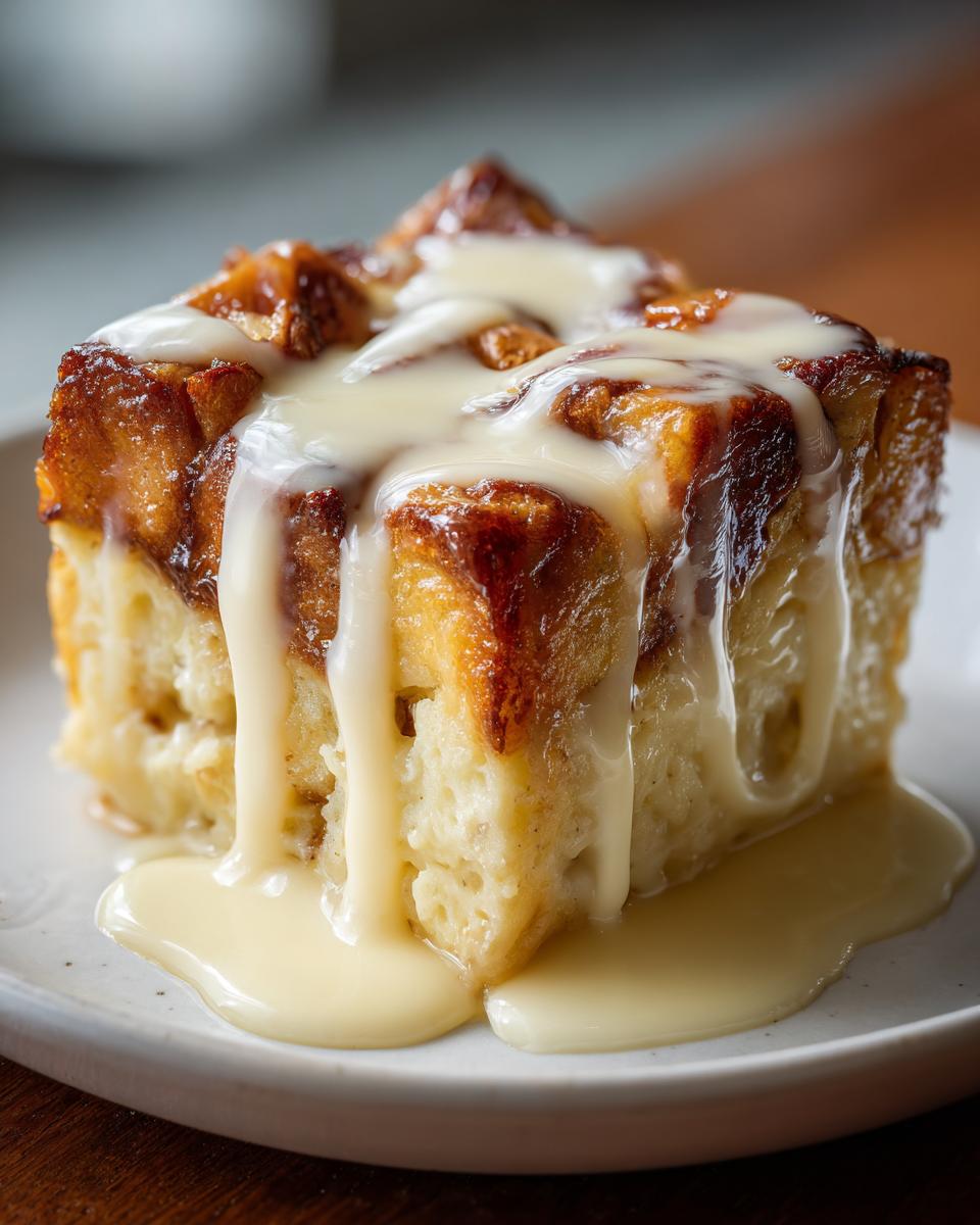 Close-up of a square slice of golden brown bread pudding generously drizzled with vanilla cream sauce.