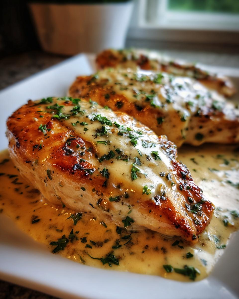 Close-up of three pan-seared chicken breasts smothered in a creamy, herb-flecked dijon chicken sauce.
