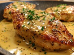 Close-up of a perfectly seared piece of dijon chicken breast covered in a creamy, whole-grain mustard sauce and fresh parsley.