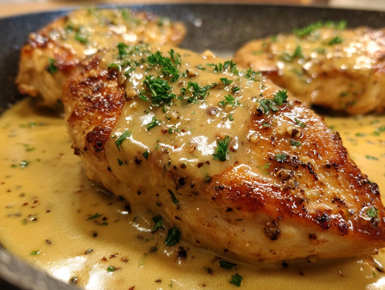 Close-up of a perfectly seared piece of dijon chicken breast covered in a creamy, whole-grain mustard sauce and fresh parsley.