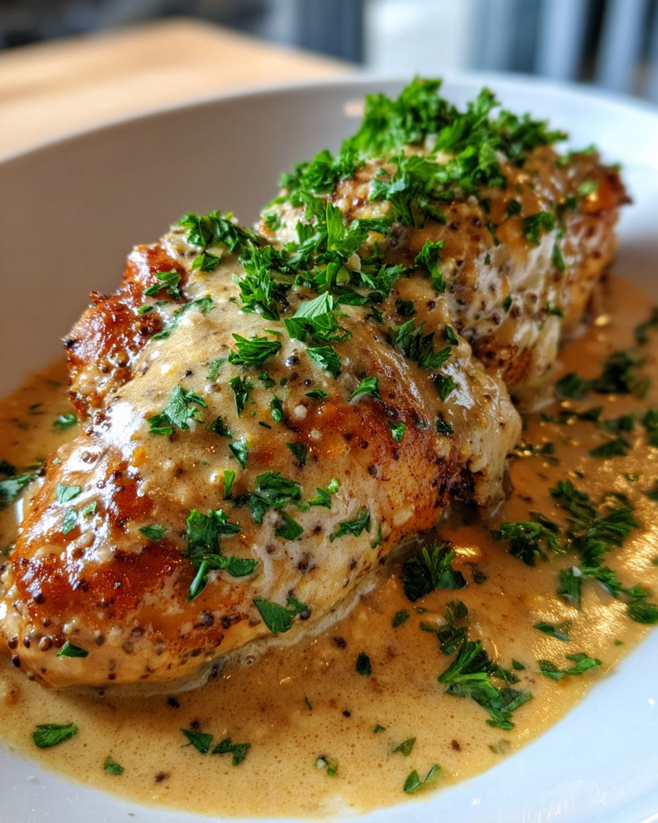 Two seared chicken breasts covered in a creamy, whole-grain mustard sauce, garnished with fresh parsley, representing the Dijon chicken recipe.