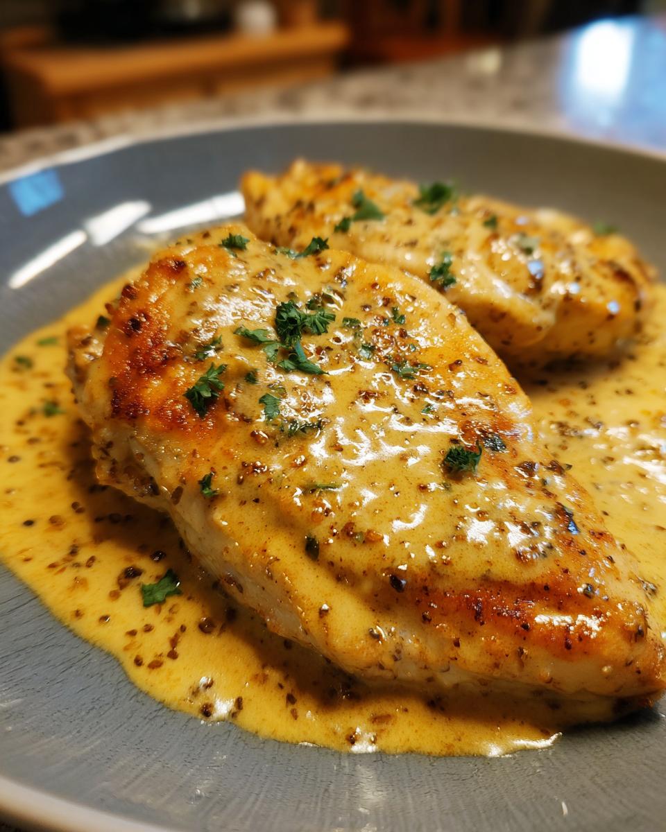 Two pieces of pan-seared dijon chicken smothered in a creamy, whole-grain mustard sauce and garnished with parsley.