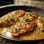 Close-up of pan-seared Dijon chicken breasts simmering in a creamy sauce, garnished with parsley.