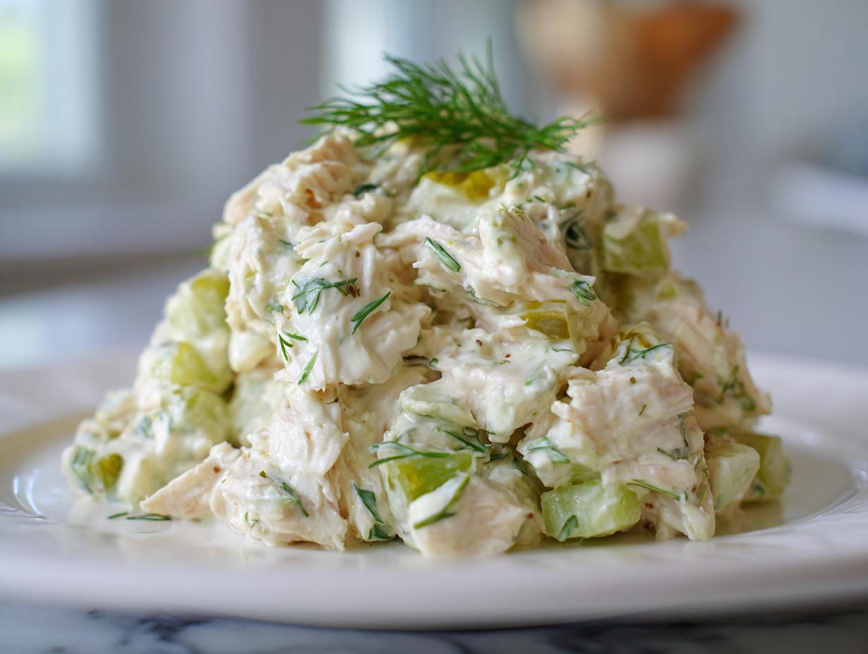 A mound of creamy dill pickle chicken salad featuring chunks of chicken, pickles, and fresh dill garnish.