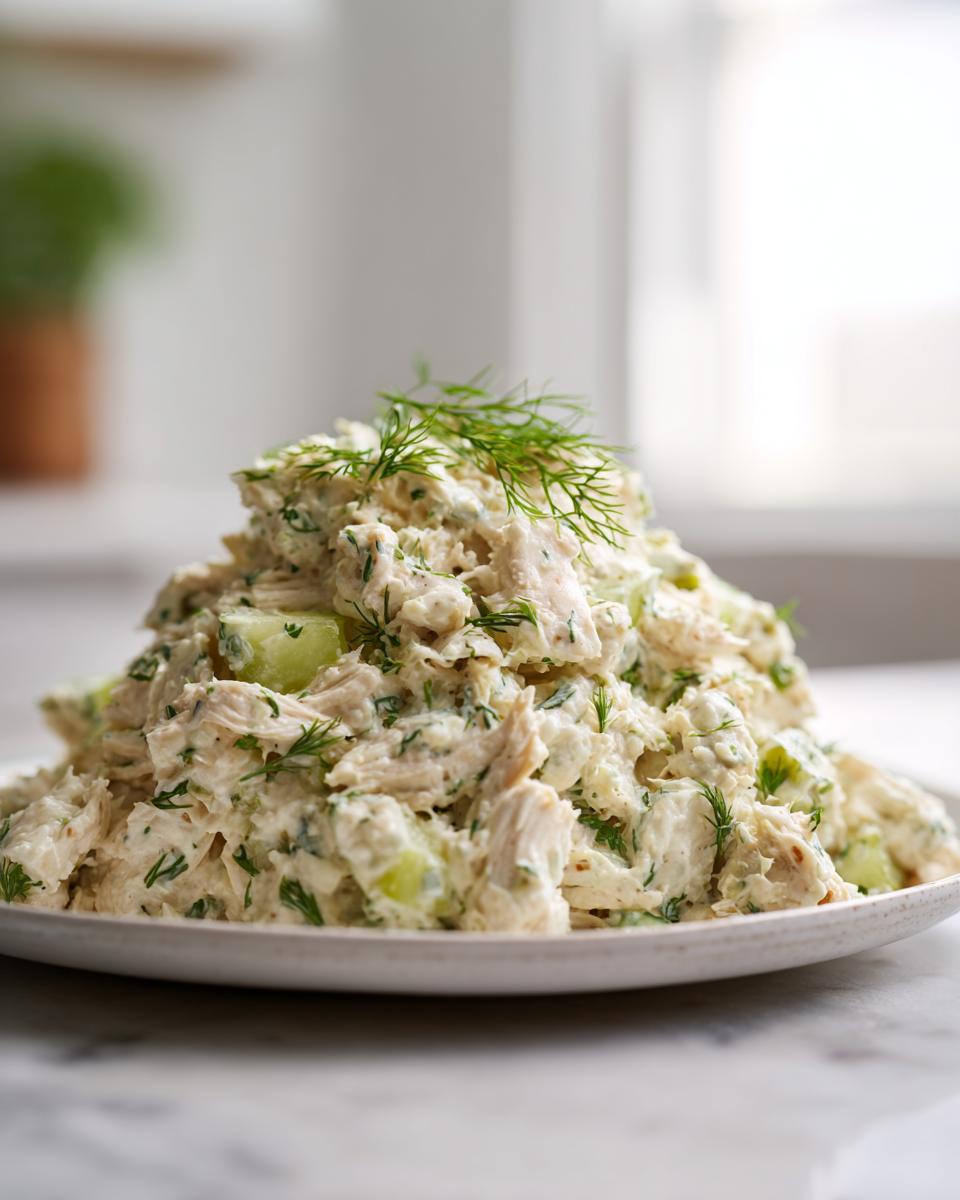 A generous mound of creamy dill pickle chicken salad, featuring shredded chicken, cucumber pieces, and fresh dill garnish.