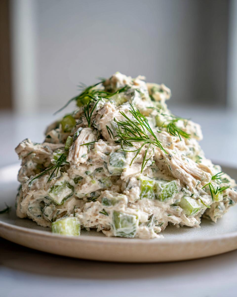 A mound of creamy dill pickle chicken salad mixed with chopped pickles and topped with fresh dill sprigs.