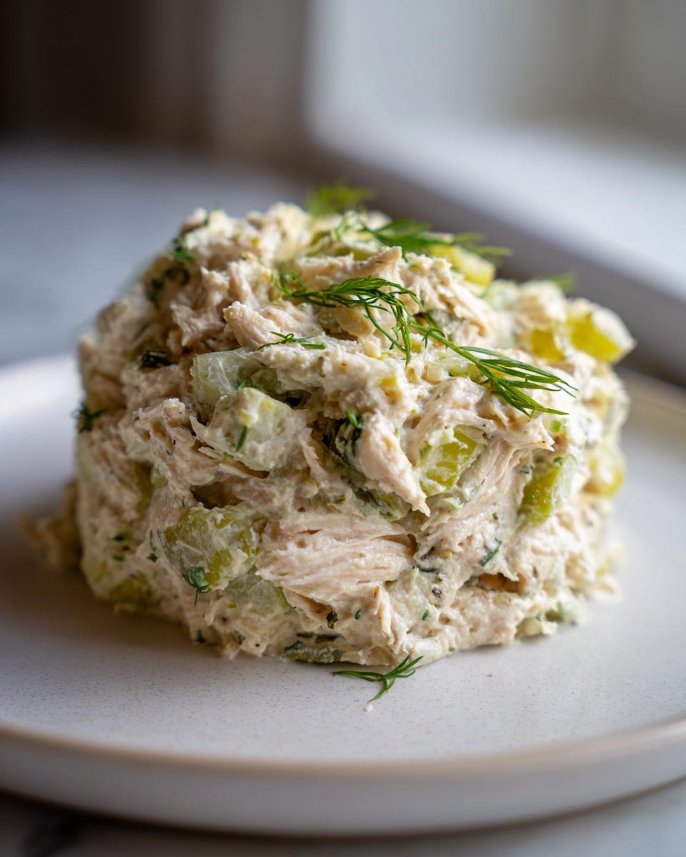 A molded serving of creamy dill pickle chicken salad, garnished with fresh dill sprigs.