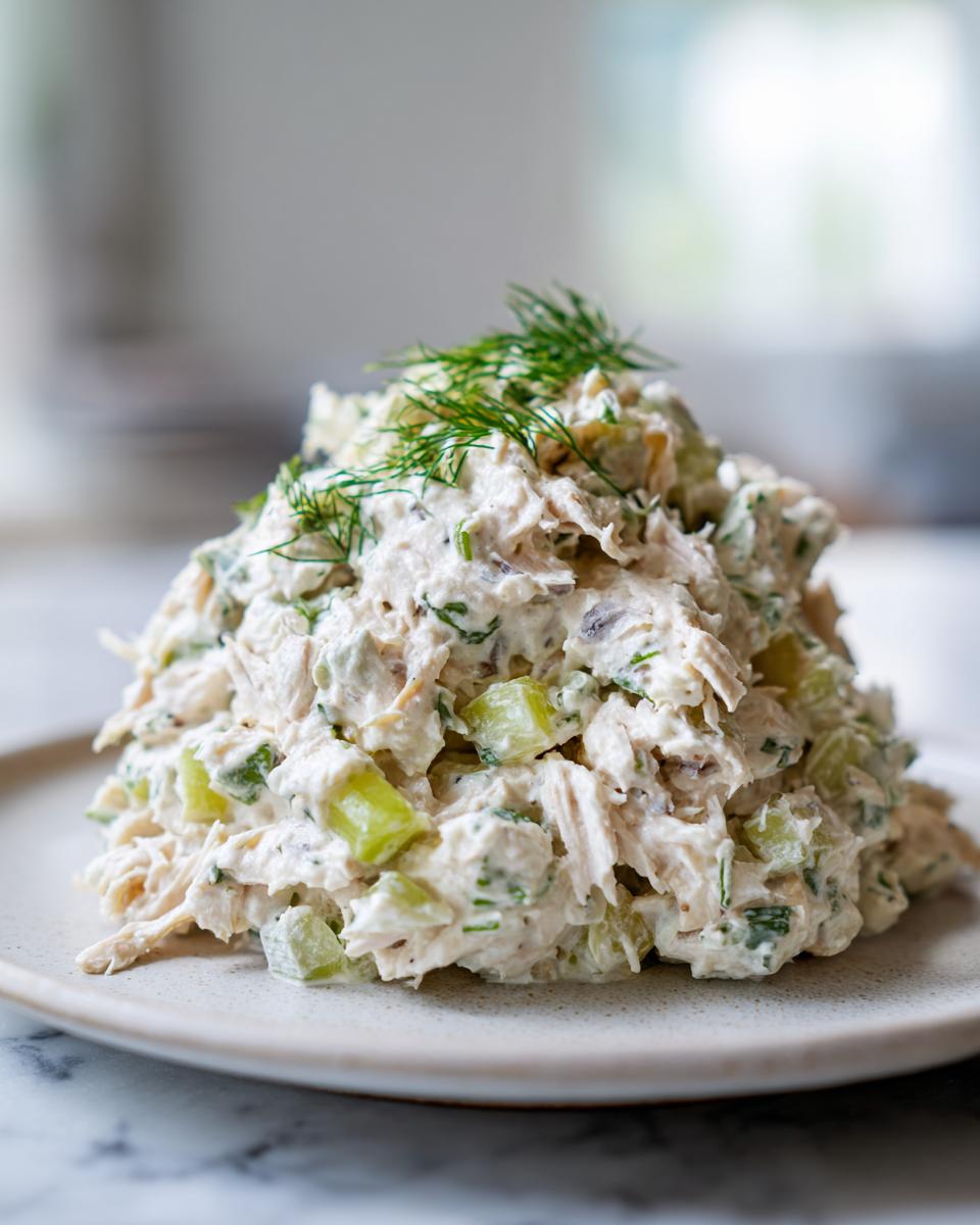 A generous scoop of creamy dill pickle chicken salad, featuring shredded chicken and pickle chunks, topped with fresh dill.