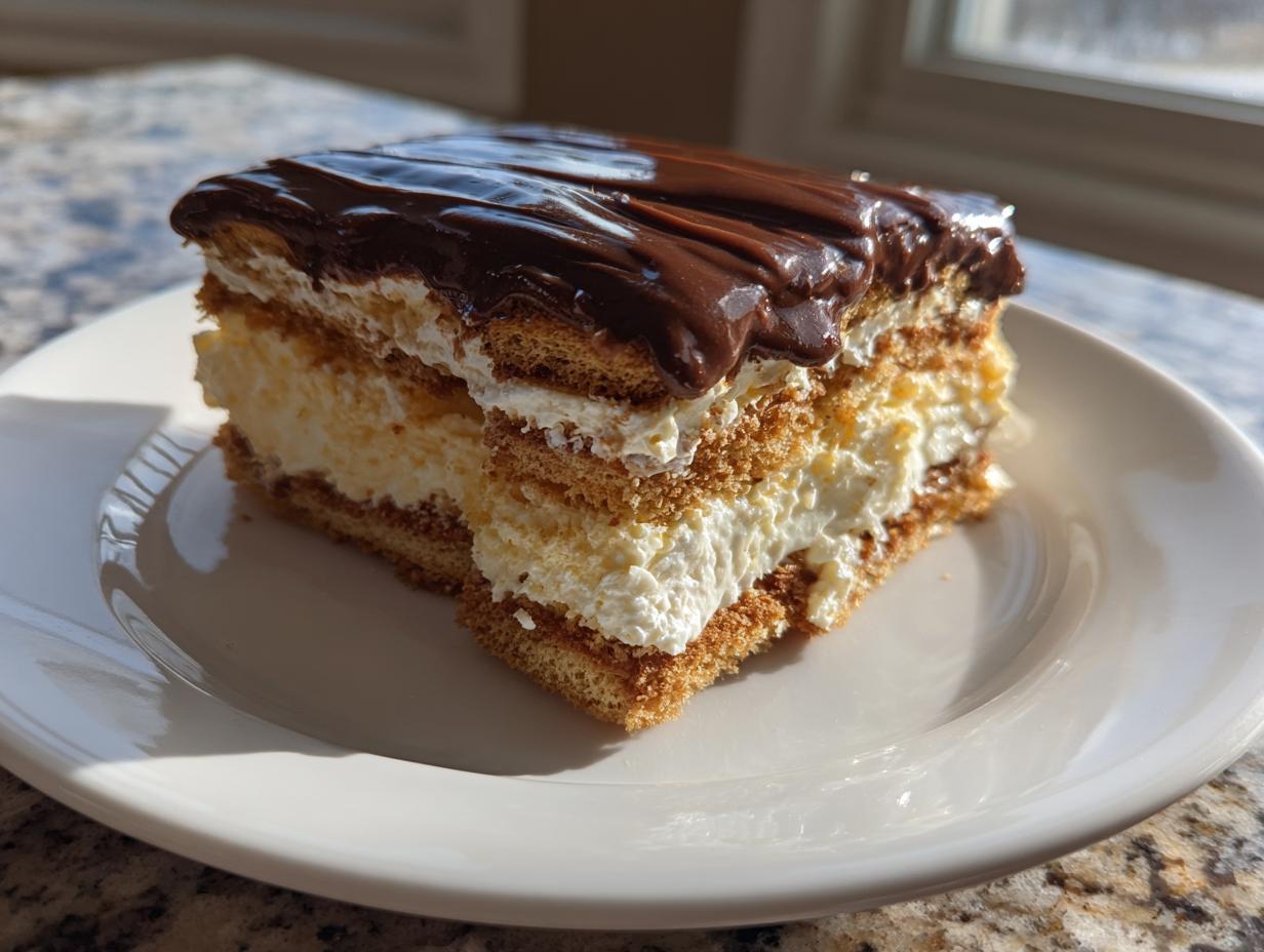 A decadent slice of eclair cake featuring layers of graham crackers, vanilla cream filling, and rich chocolate glaze.