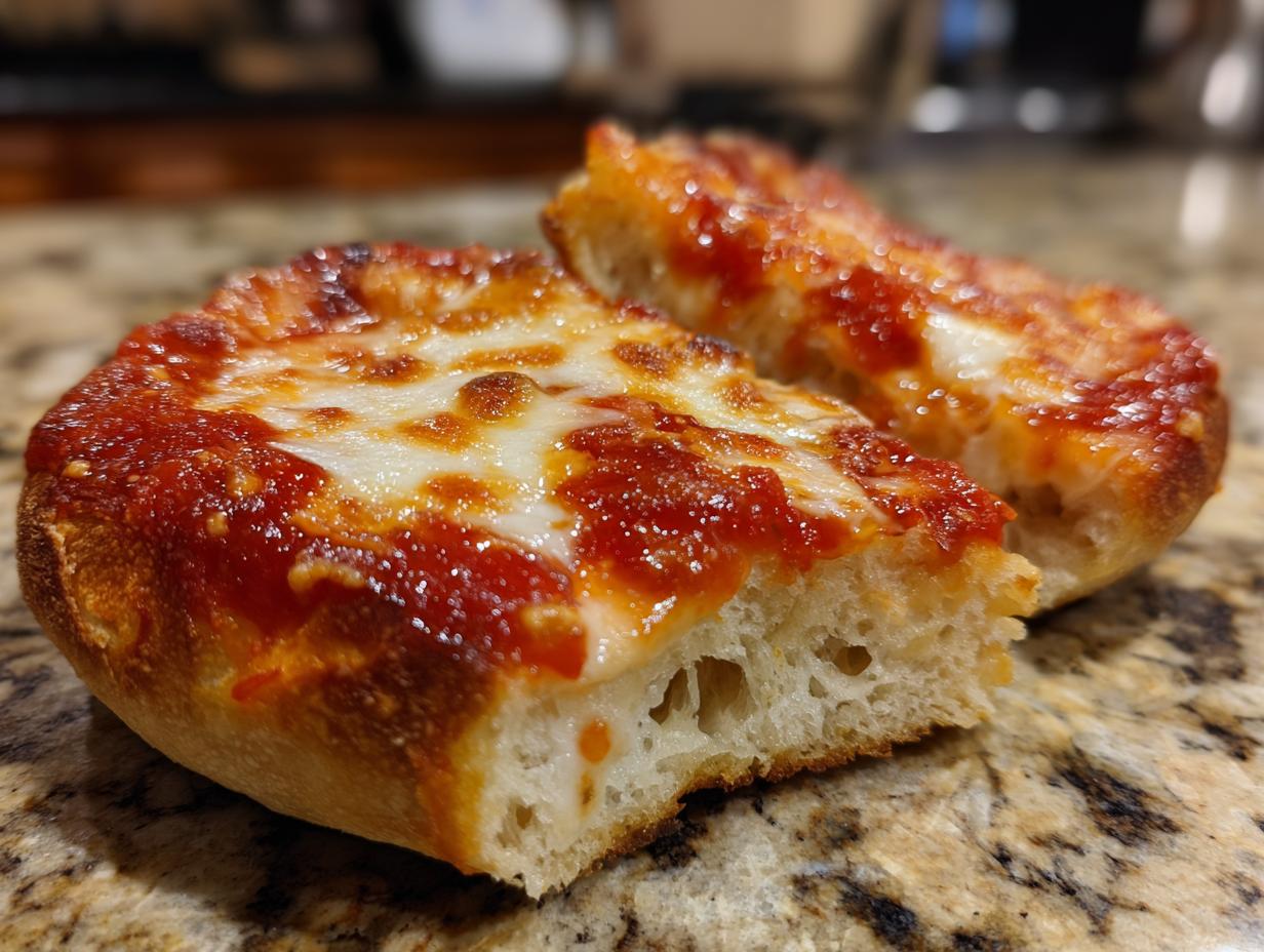 Close-up showing the cross-section and melted cheese topping of an english muffin pizza.