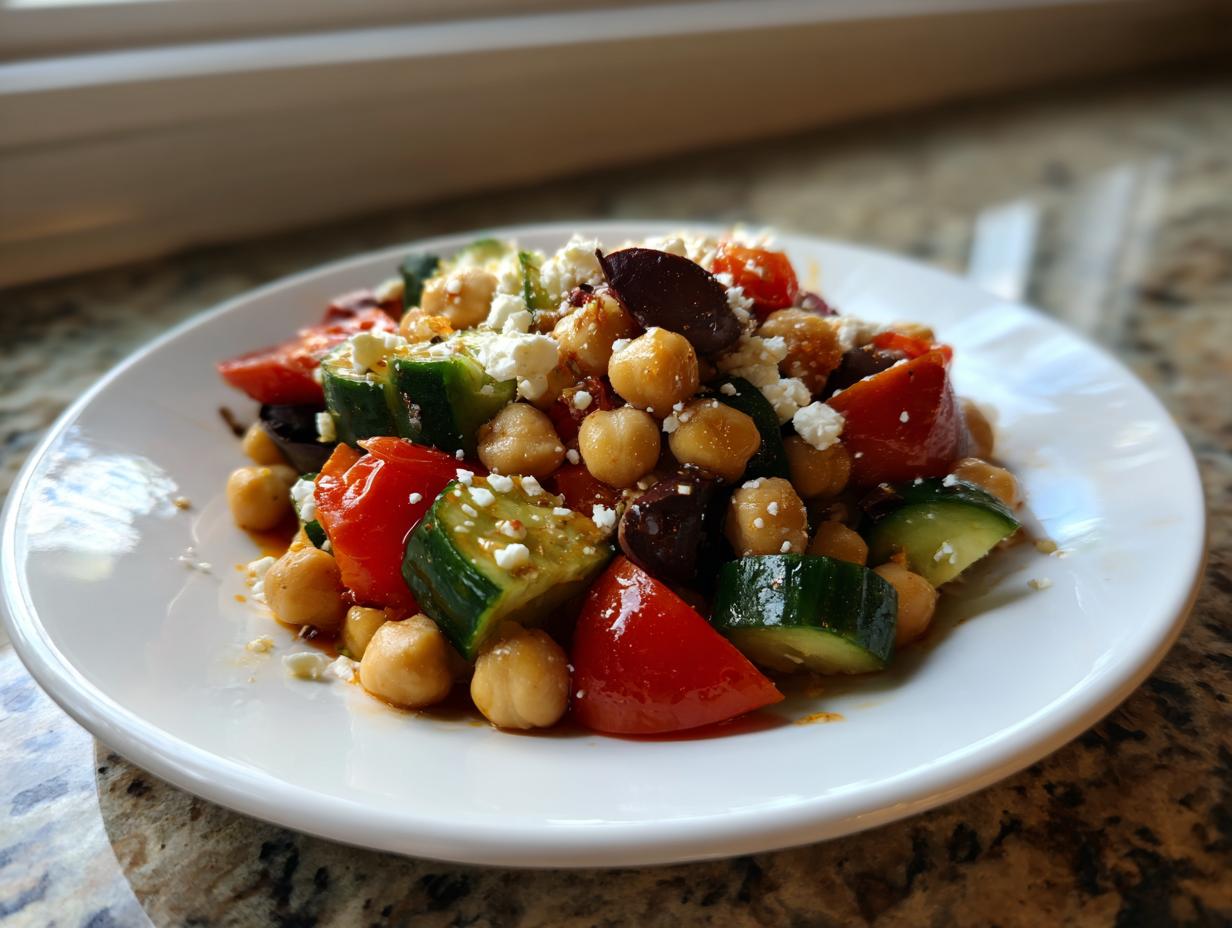 Close-up of a vibrant mediterranean chickpea salad featuring chickpeas, cucumber, tomato, olives, and feta cheese.
