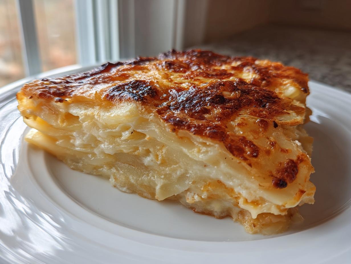A close-up of a thick slice of creamy scalloped potatoes recipe with a golden-brown, cheesy crust.