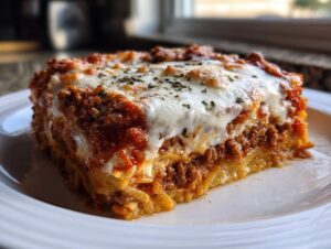 A thick, square slice of baked spaghetti pie layered with meat sauce and topped with melted mozzarella cheese and herbs.