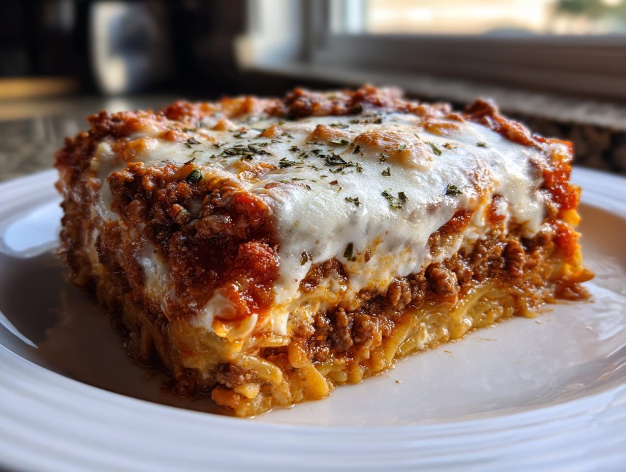 A thick, square slice of baked spaghetti pie layered with meat sauce and topped with melted mozzarella cheese and herbs.