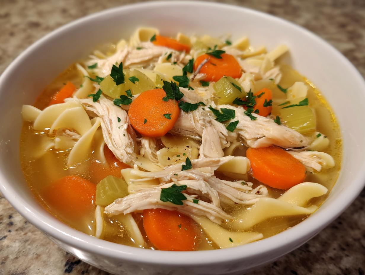 Close-up of a white bowl filled with rich broth, shredded chicken, egg noodles, carrots, and celery from the slow cooker chicken noodle soup.