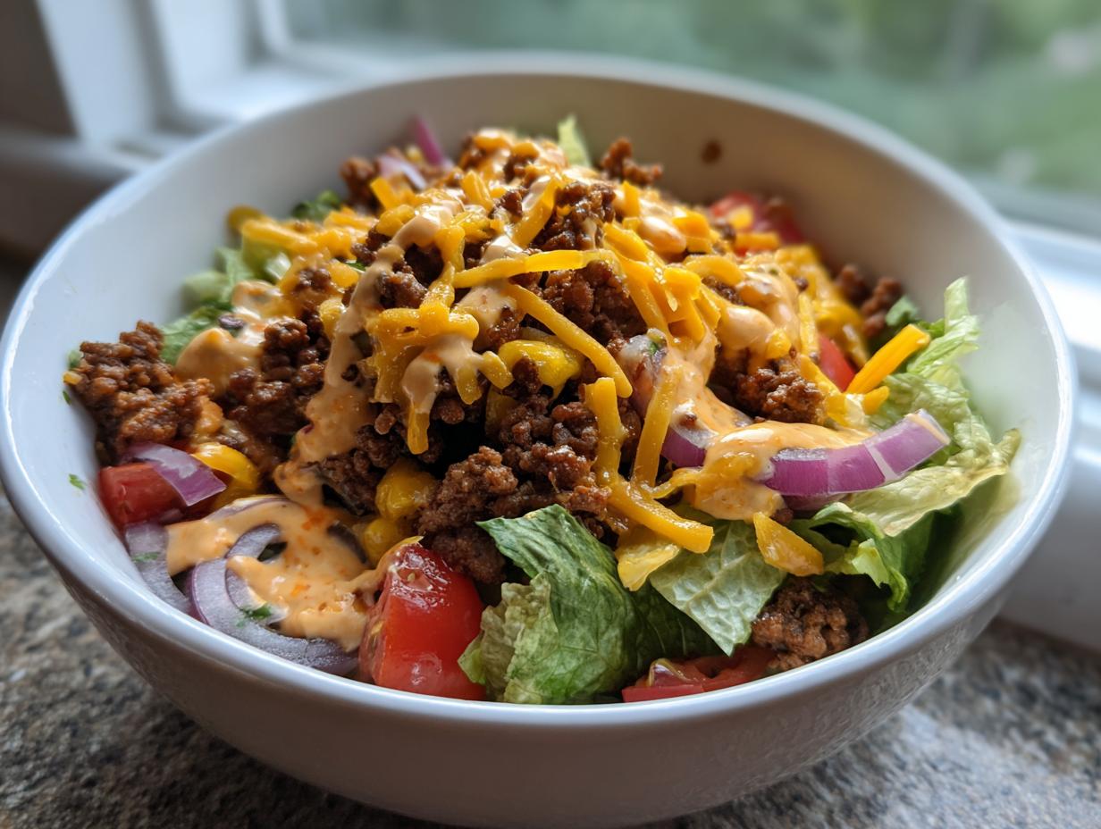 Close-up of a vibrant taco salad featuring seasoned ground beef, shredded cheese, red onion, and creamy dressing over lettuce.
