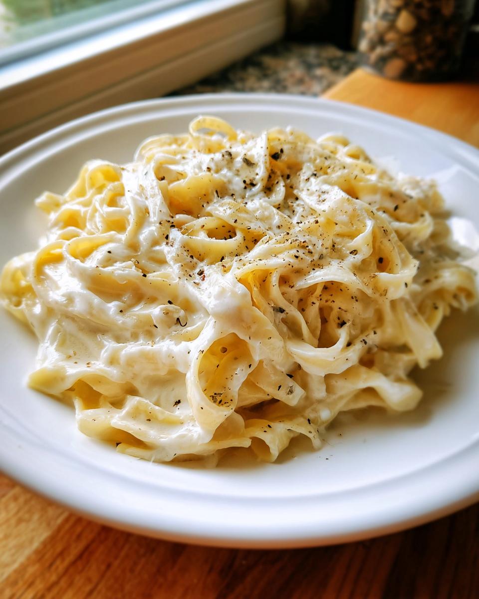A close-up of fettuccine pasta coated richly in homemade alfredo sauce and topped with cracked black pepper.