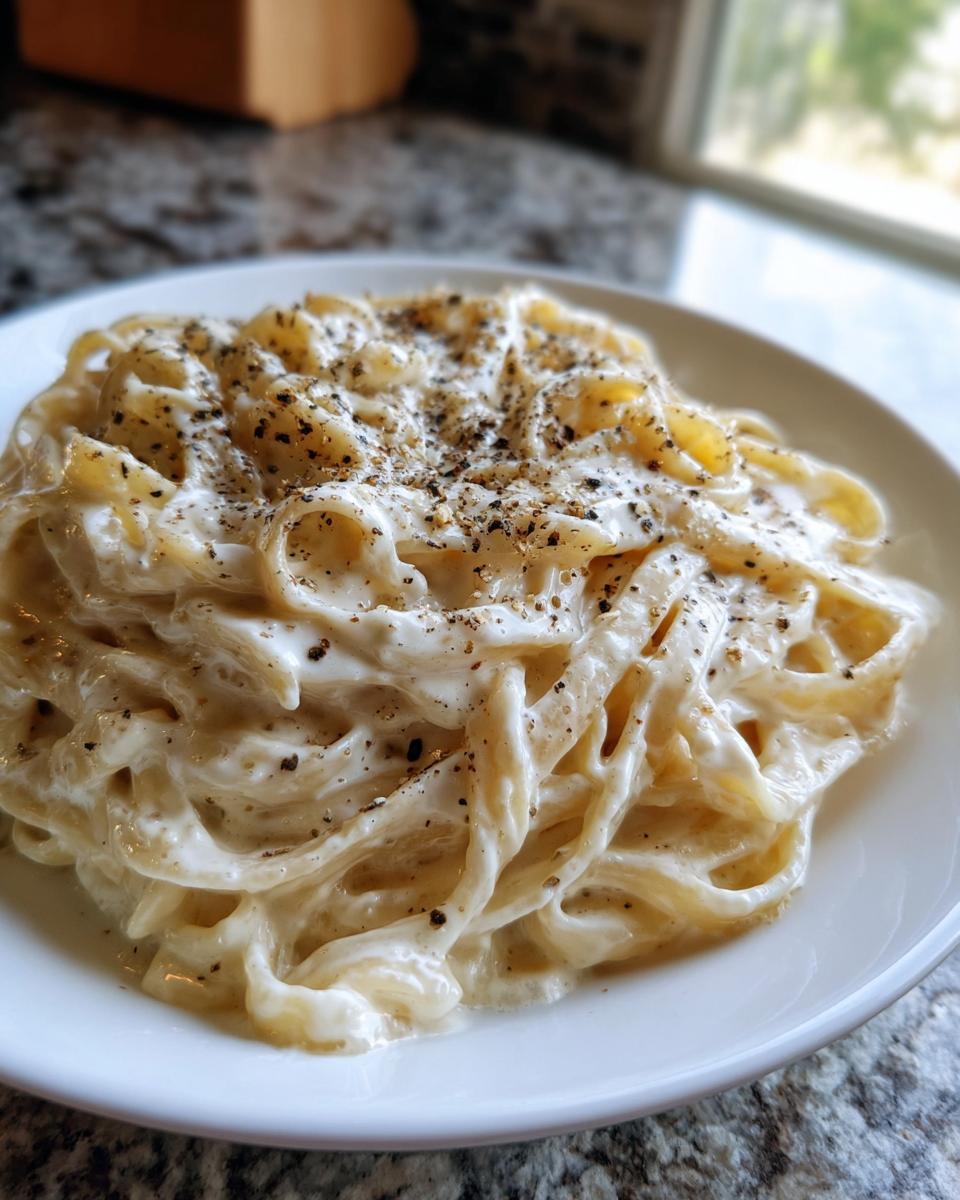 Close-up of fettuccine pasta coated in rich homemade alfredo sauce and topped with cracked black pepper.