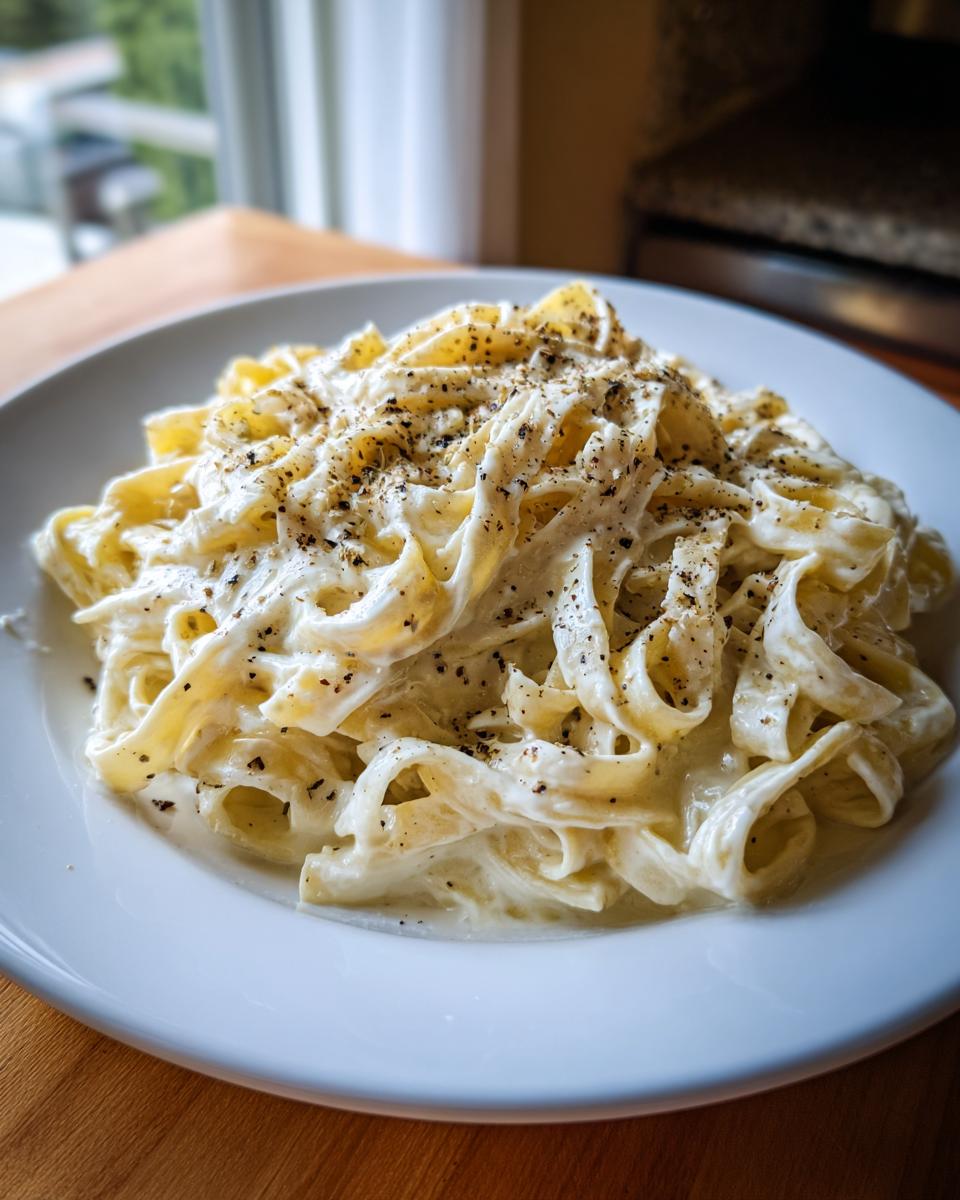 A close-up of fettuccine pasta generously coated in creamy homemade alfredo sauce and topped with cracked black pepper.