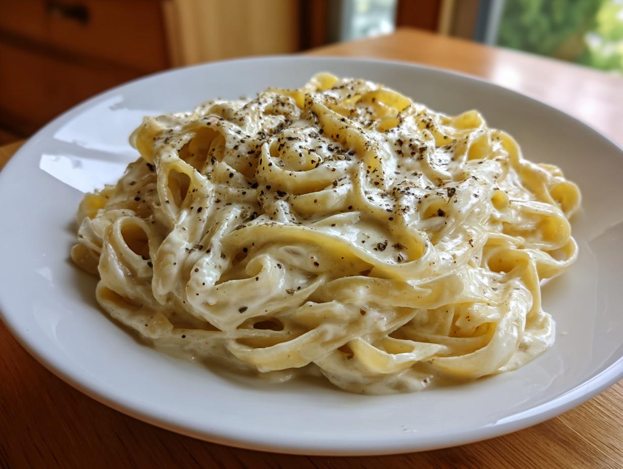 A plate of fettuccine pasta generously coated in creamy homemade alfredo sauce and topped with cracked black pepper.