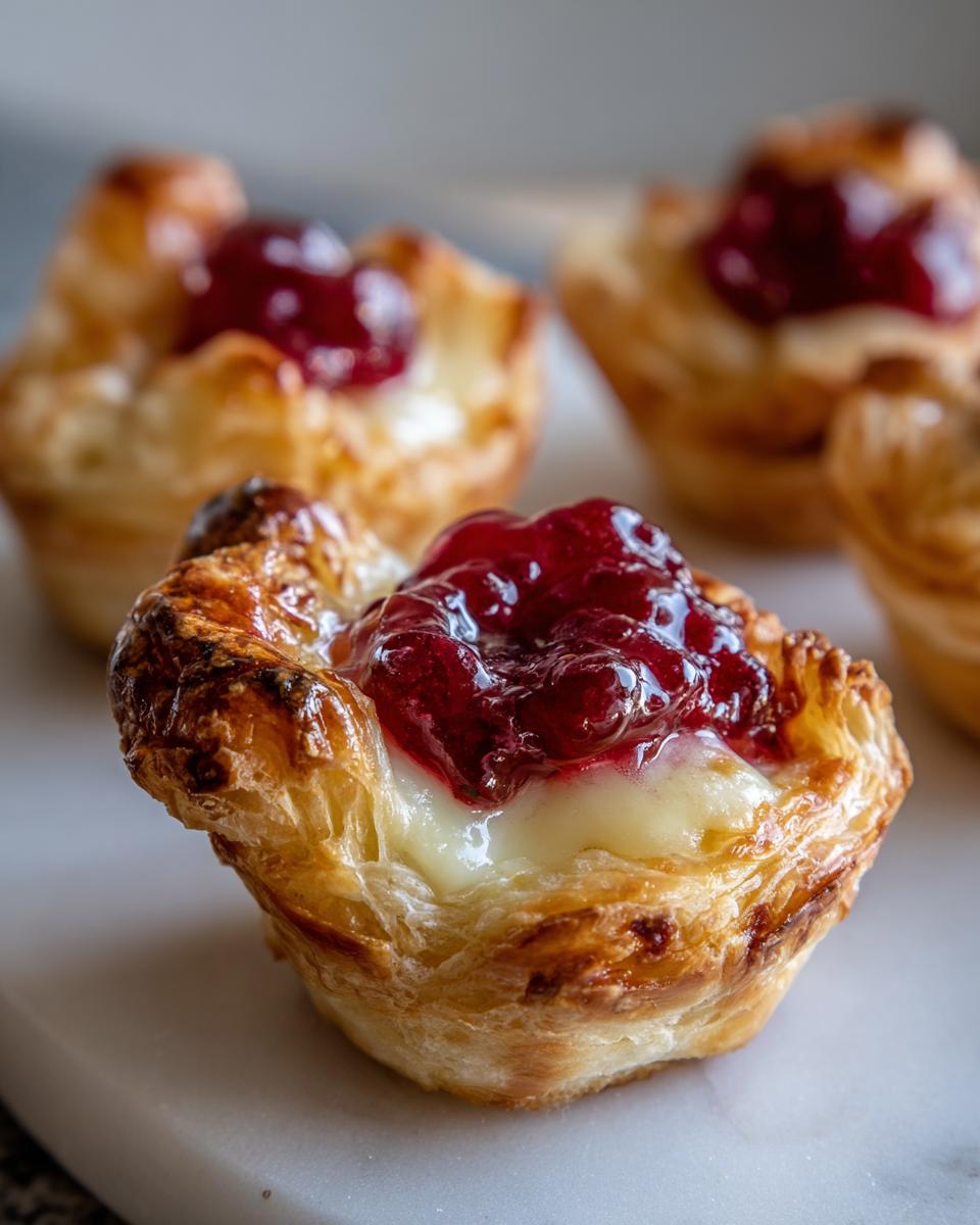 Close-up of a flaky pastry cup filled with melted brie and topped with bright red jam, one of several brie bites.