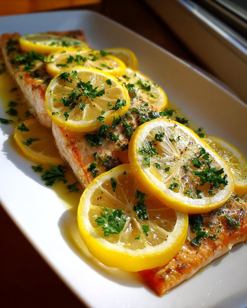 Close-up of perfectly cooked baked salmon recipe fillets topped with bright lemon slices and fresh chopped parsley.