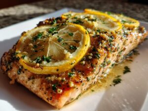 Close-up of a moist, flaky baked salmon recipe fillet topped with lemon slices and fresh parsley.