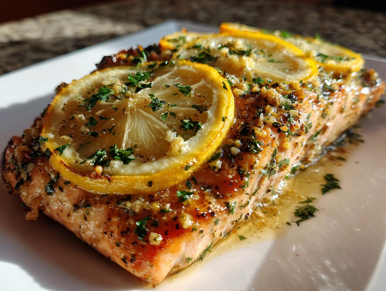 Close-up of a moist, flaky baked salmon recipe fillet topped with lemon slices and fresh parsley.