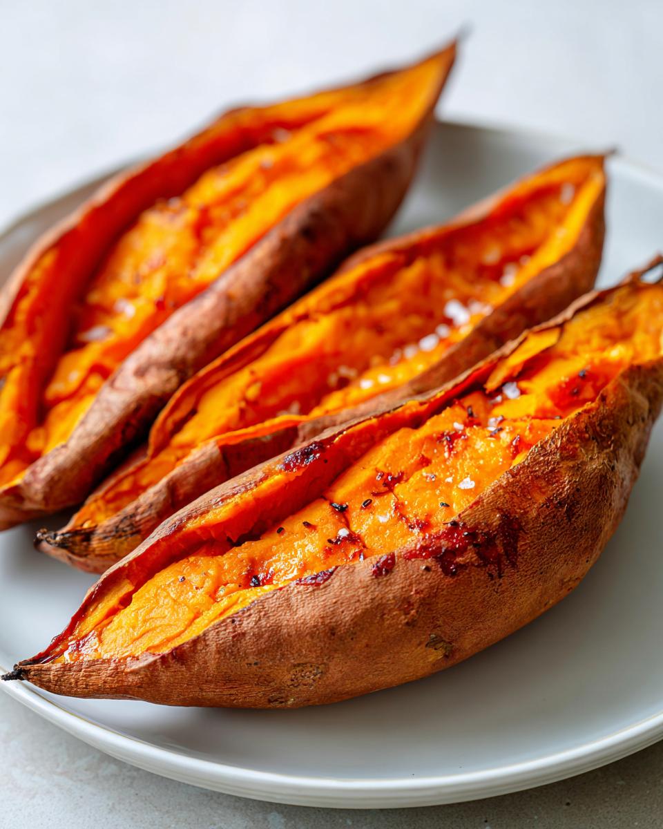 Three perfectly baked sweet potatoes split open, showing fluffy orange flesh seasoned with flaky salt.