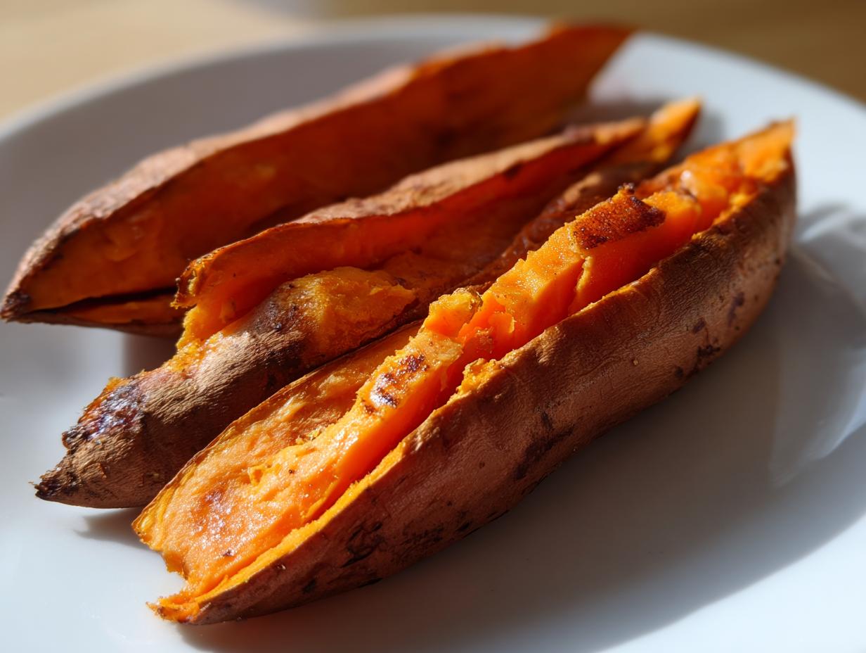 Three halves of perfectly cooked baked sweet potatoes showing bright orange flesh on a white plate.