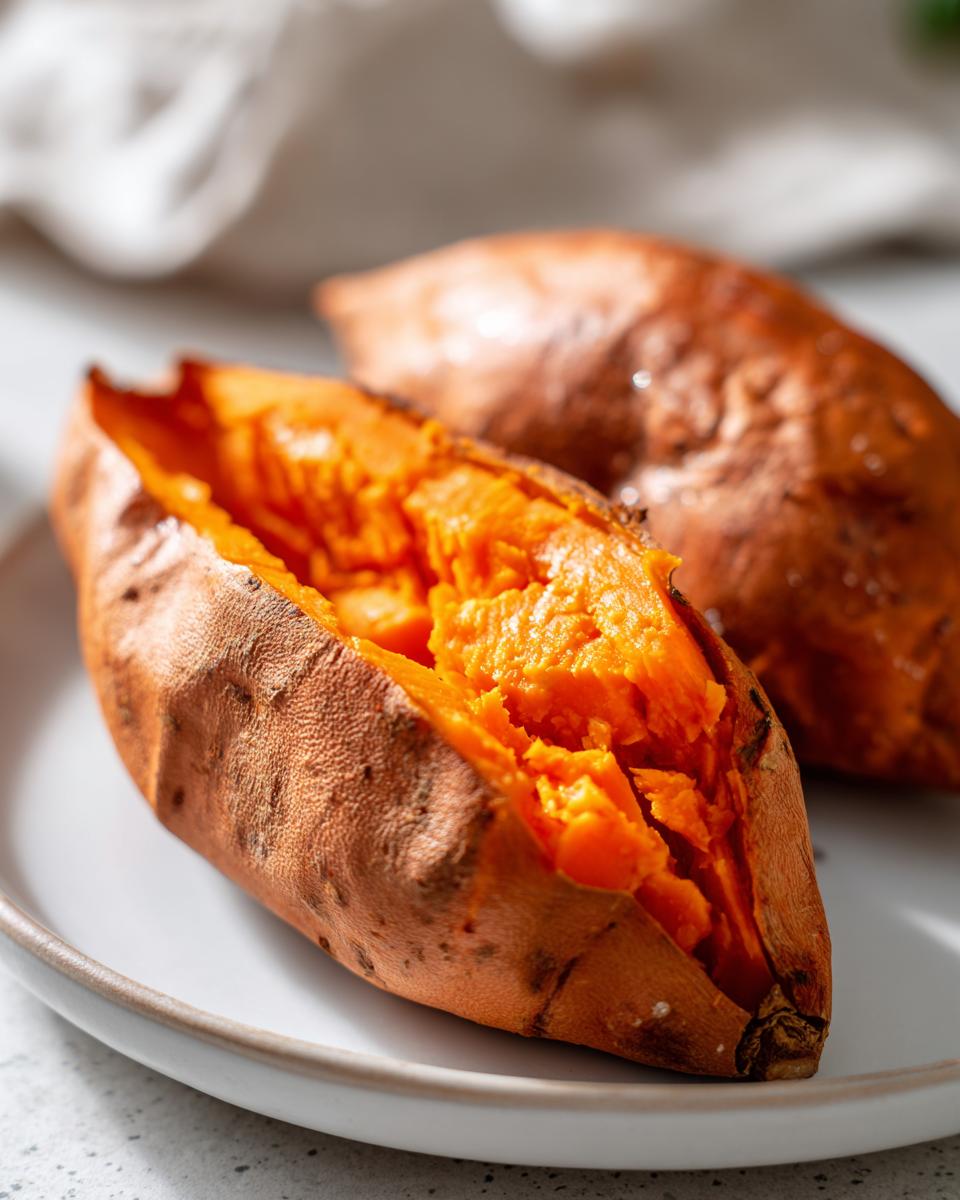 Close-up of a perfectly baked sweet potatoes, split open revealing the bright orange, fluffy interior.