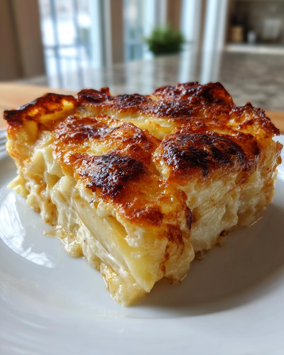 A close-up of a rich, cheesy slice from a scalloped potatoes recipe with a deeply browned, bubbly top.