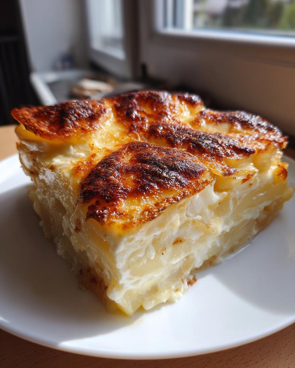 Close-up of a square slice of creamy scalloped potatoes recipe with a deeply browned, cheesy top.