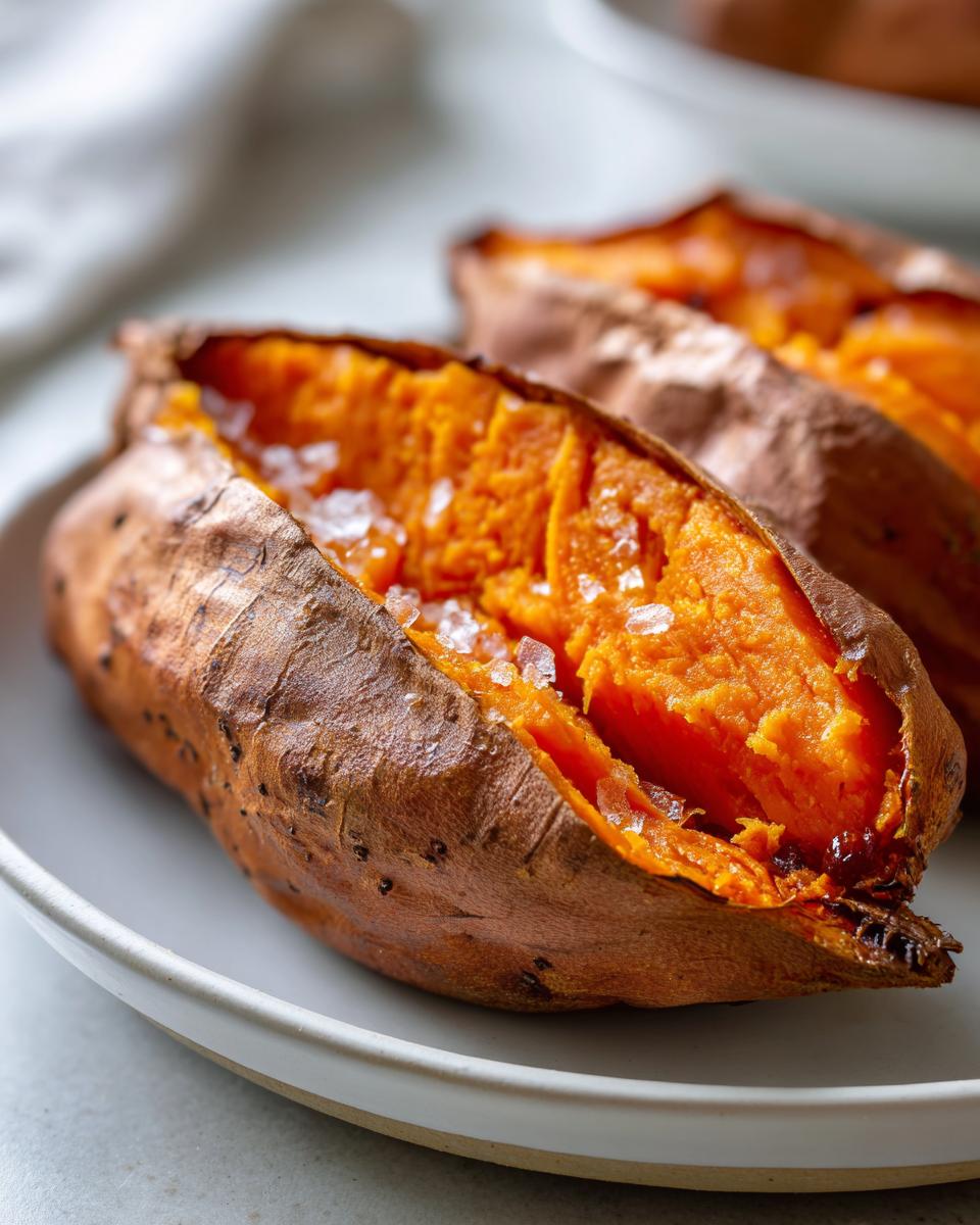 Close-up of a fluffy baked sweet potatoes split open and topped with flaky sea salt.