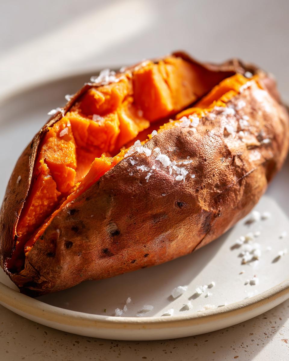Close-up of a fluffy baked sweet potatoes, split open and sprinkled with coarse sea salt.