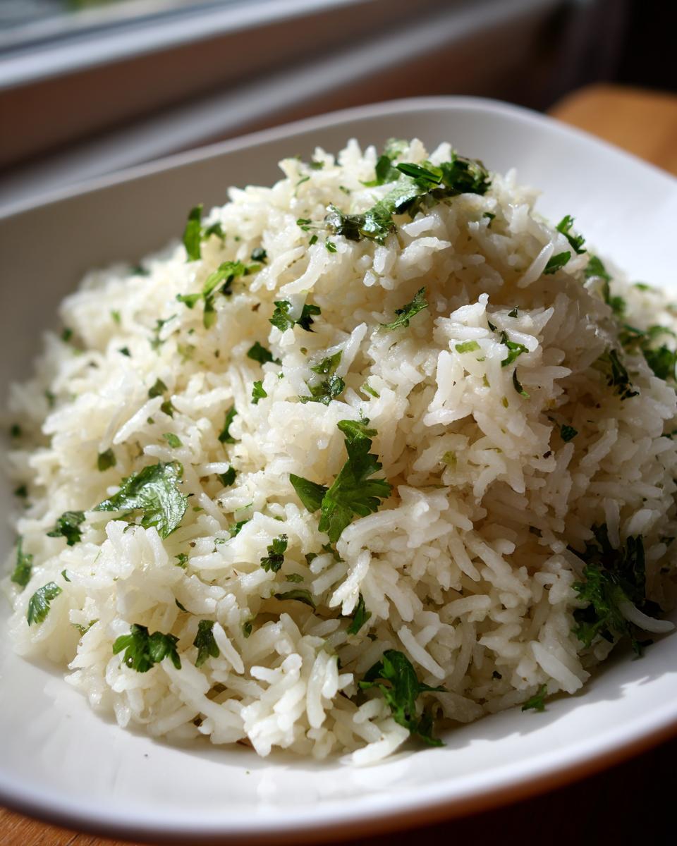 Close-up of fluffy white butter rice served in a white bowl, topped with chopped green parsley.