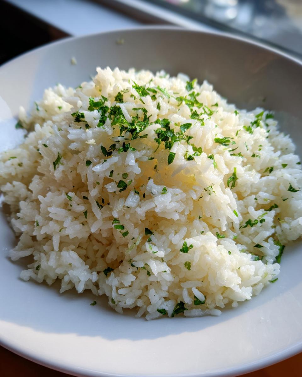 A close-up of fluffy white butter rice served in a white bowl, topped with fresh chopped parsley.