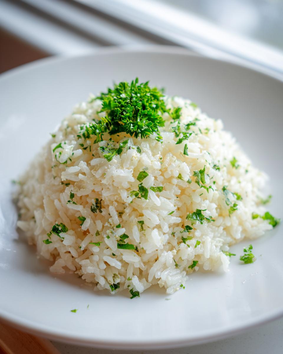 A mound of fluffy white butter rice seasoned and topped with chopped fresh parsley on a white plate.