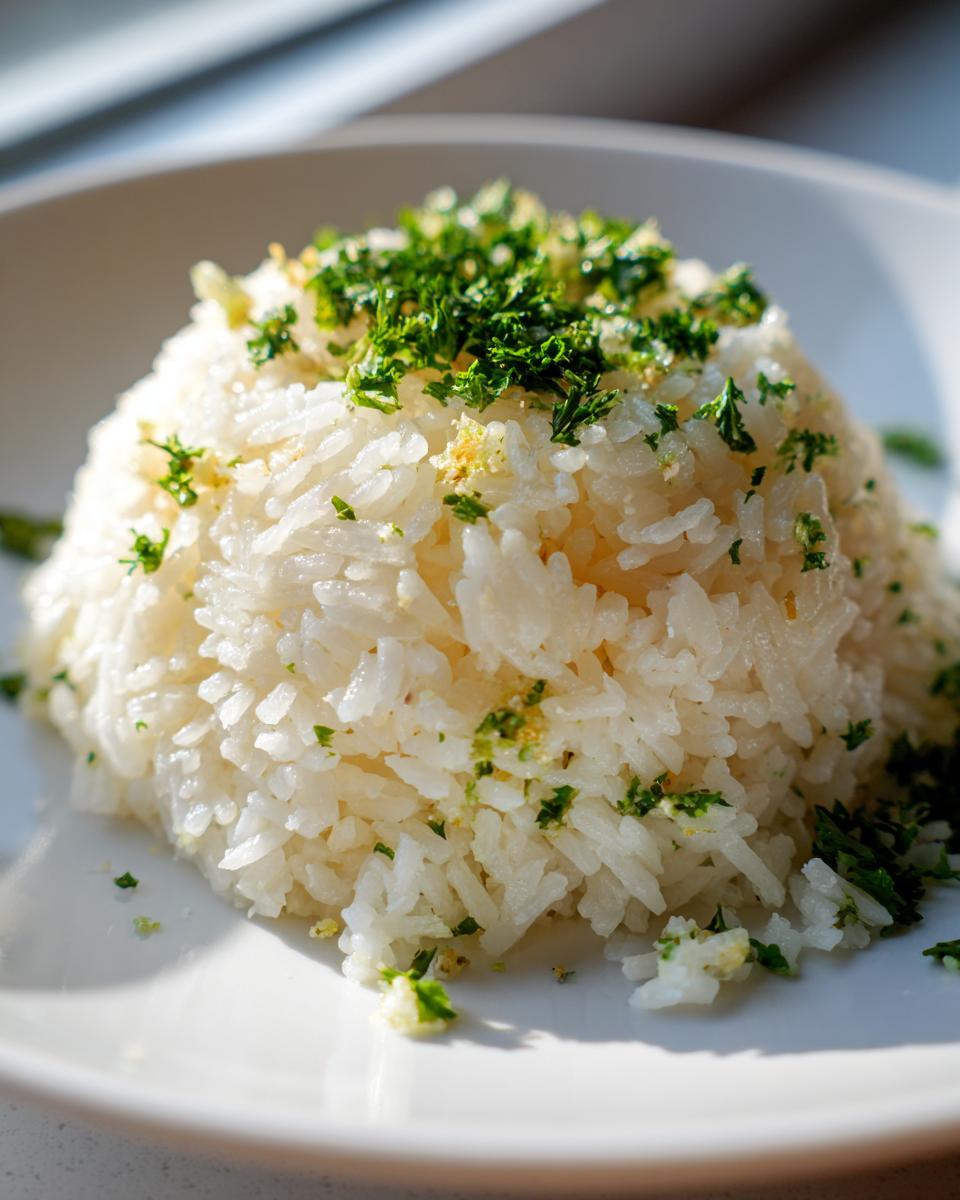 A mound of fluffy white butter rice topped generously with chopped fresh parsley and garlic bits.