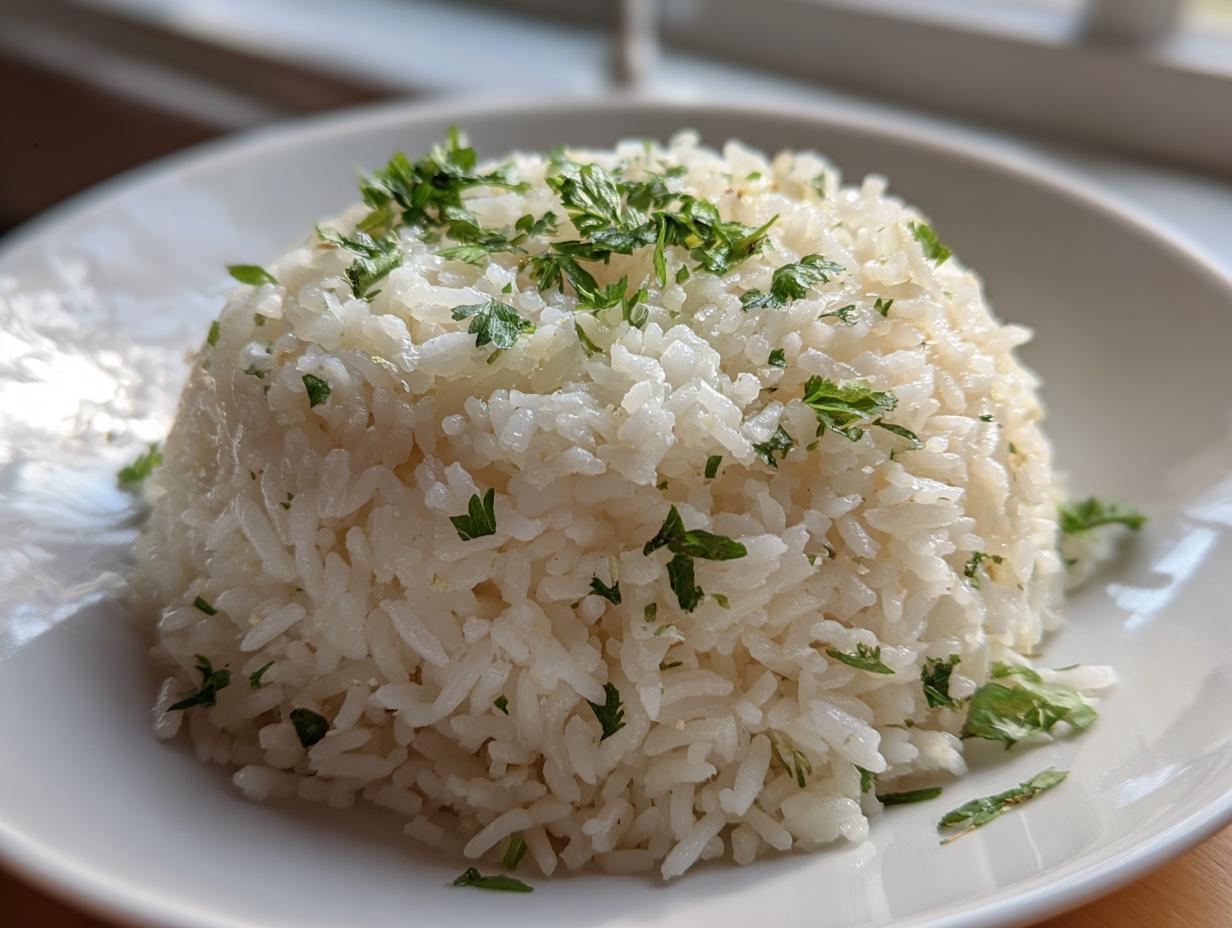 A mound of fluffy white butter rice garnished generously with chopped fresh green parsley on a white plate.
