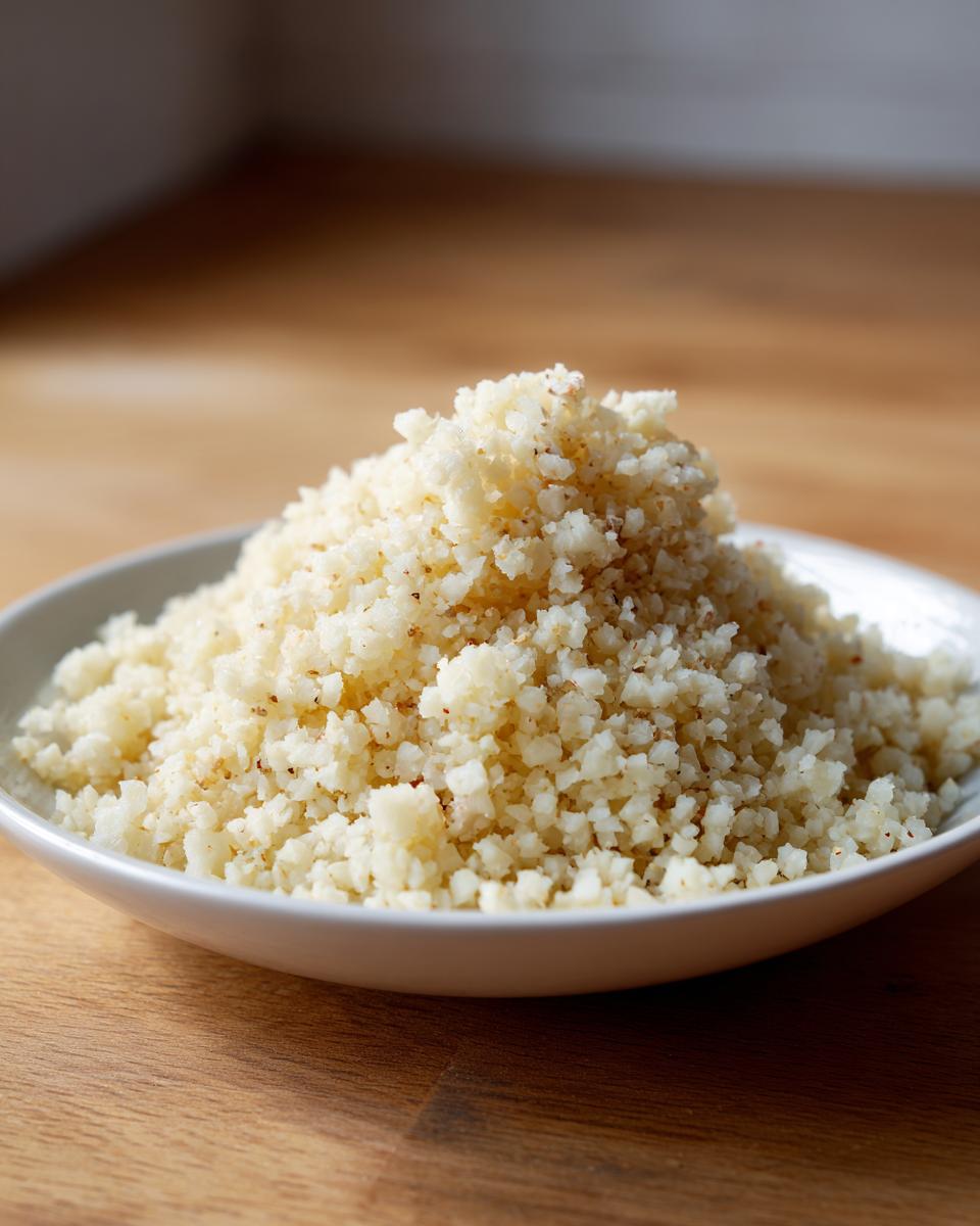 A mound of fluffy, lightly cooked cauliflower rice served in a shallow white bowl on a wooden surface.