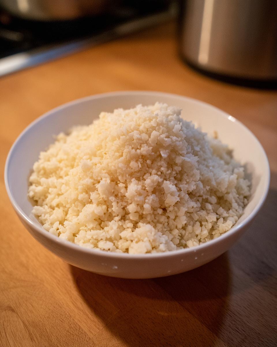 A white bowl filled high with fluffy cauliflower rice, sitting on a wooden countertop.