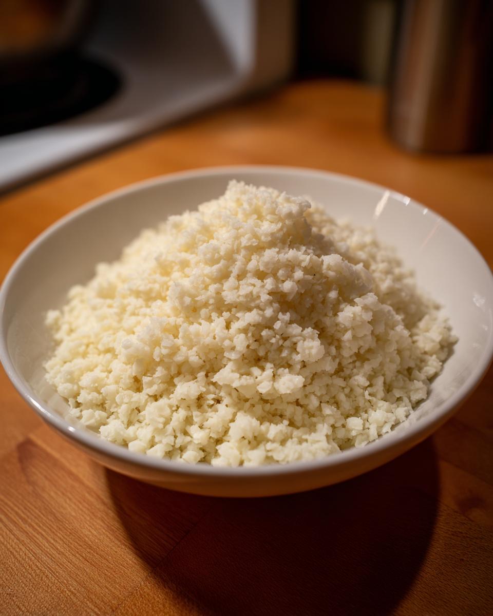 A white bowl filled high with freshly riced, fluffy cauliflower rice sitting on a wooden countertop.