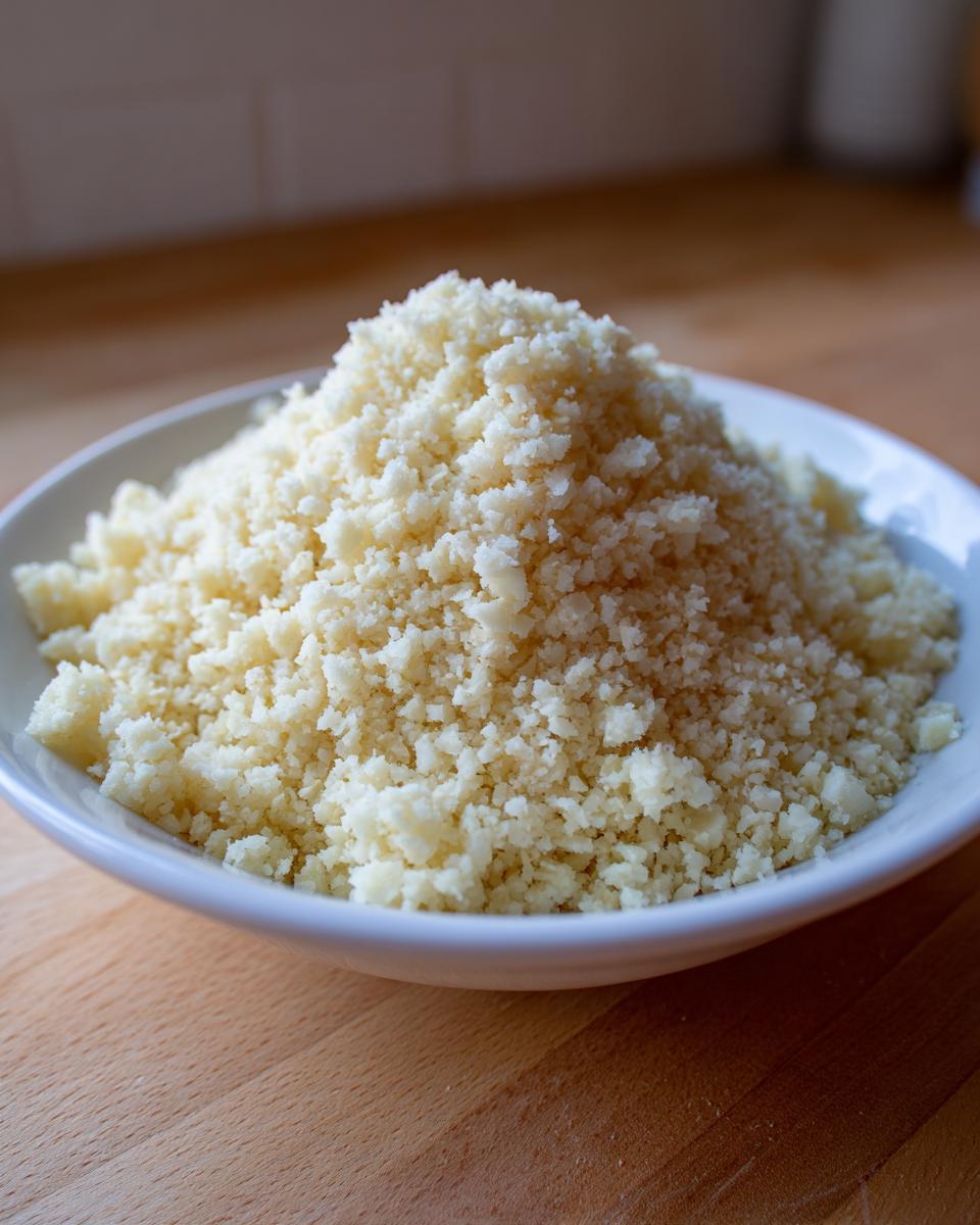 A close-up of fluffy, raw cauliflower rice piled high in a white bowl on a wooden surface.