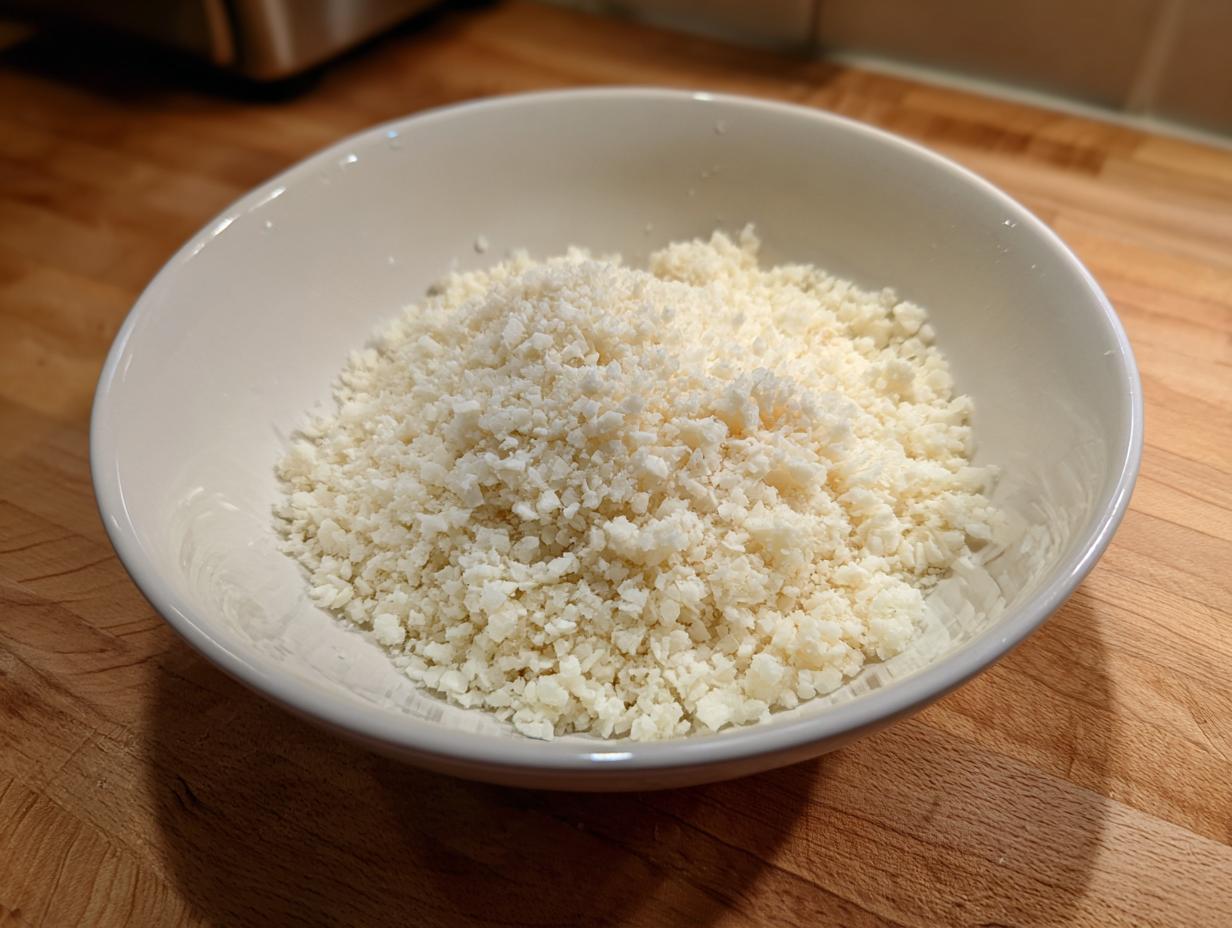 A white bowl filled with freshly riced cauliflower, ready for cooking, showcasing the texture of the cauliflower rice.