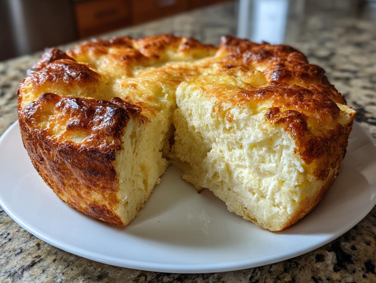 A round, freshly baked cloud bread, cut to show its airy interior and golden-brown, cheesy top.