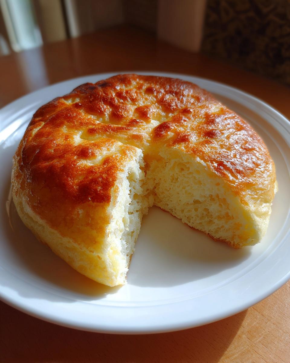 A golden brown, fluffy cloud bread round served on a white plate with a piece cut out showing the airy interior.