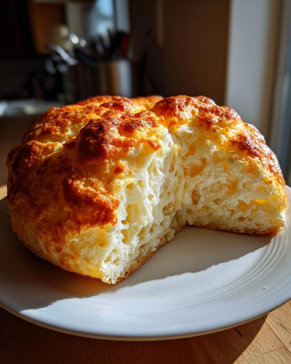 A freshly baked, fluffy cloud bread loaf, cut open to show the airy interior, sitting on a white plate.